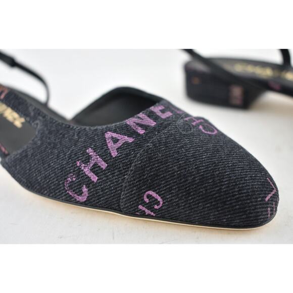Chanel 22P Mademoiselle Coco Sling Black Grey Denim Slingback Ballet Flat 37.5 - Picture 3 of 7